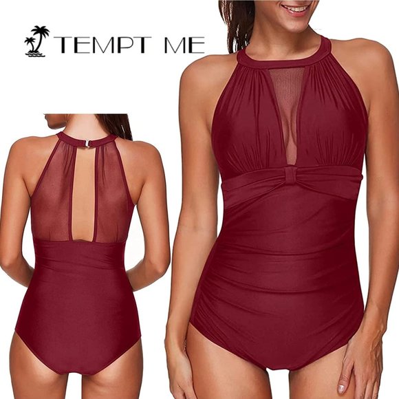 TEMPT ME High Neck Plunge Mesh Ruched Swimsuit  🏝️  NEW!!! - Picture 1 of 12